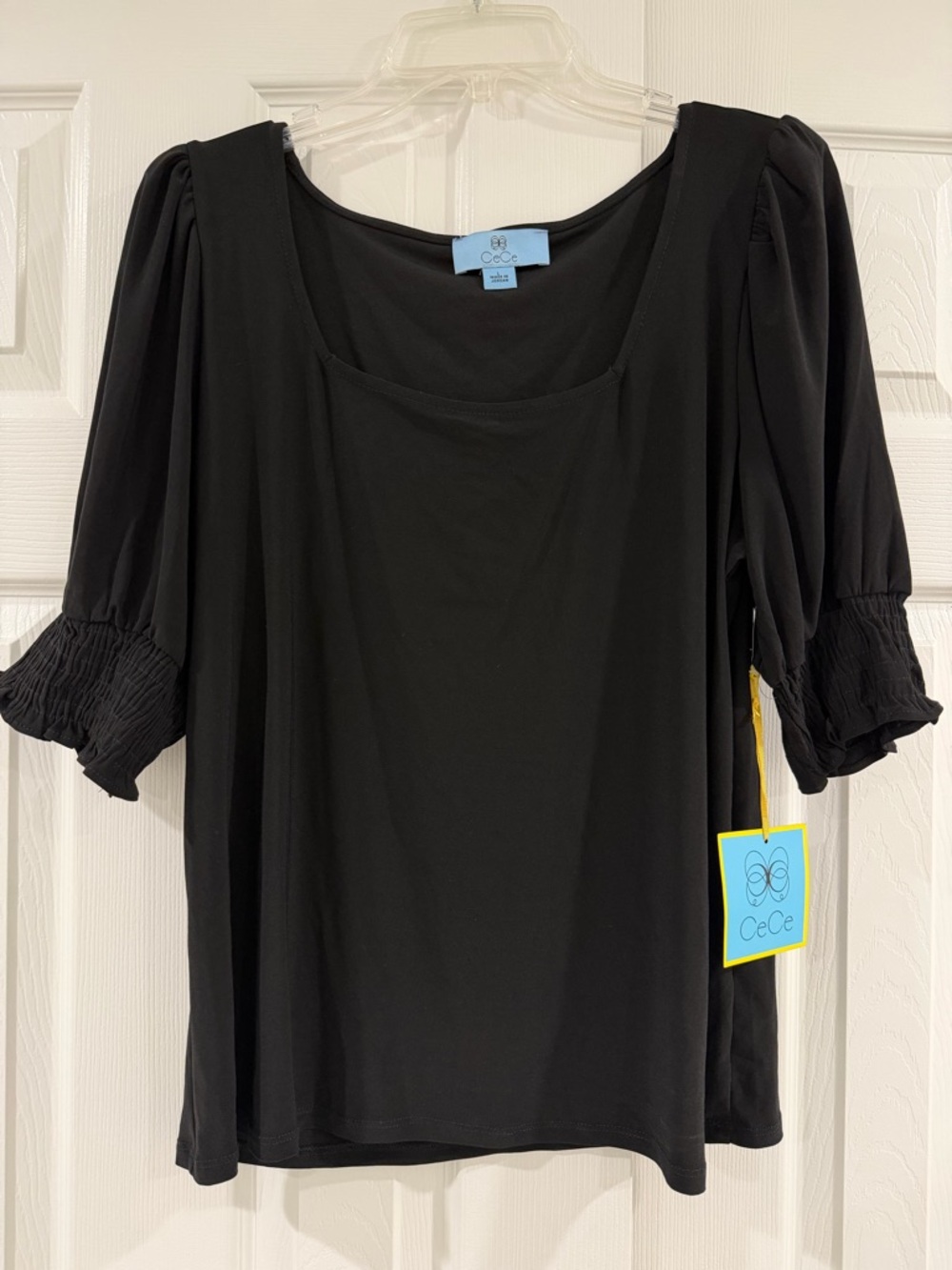 CeCe Black Scoop Neck Puff-Sleeve Women's Top